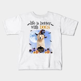 Golden Retriever Witch Hat Life Is Better With Dogs Halloween Kids T-Shirt